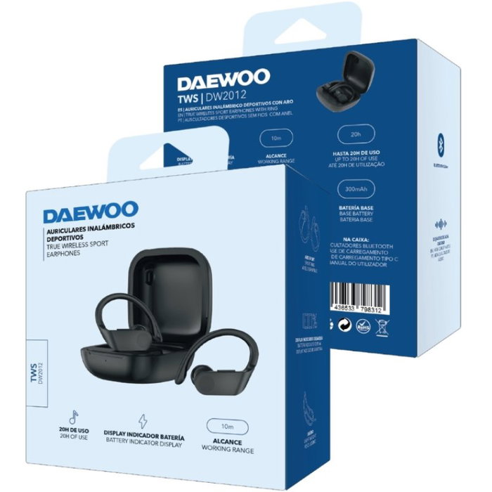Daewoo TWS SPORT DW2012 Auriculares Deportivos Bluetooth con Gancho Negro
